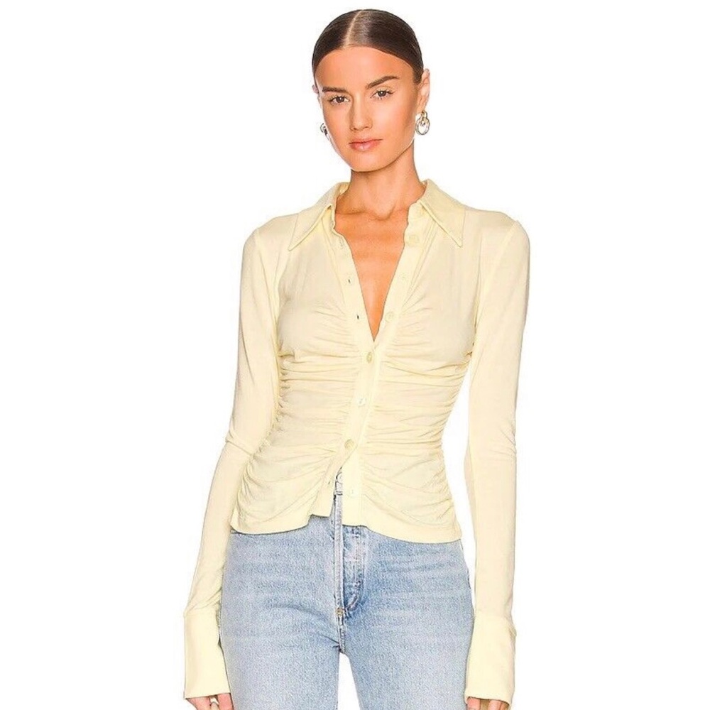 Song of Style Pale Yellow Ruched Button-Front Long Sleeve Top